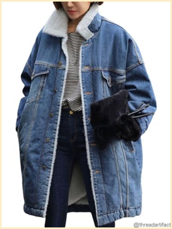 Jackets & Blazers - Sherpa Fleece Lined Denim Jacket Long Button Down Trucker Coat